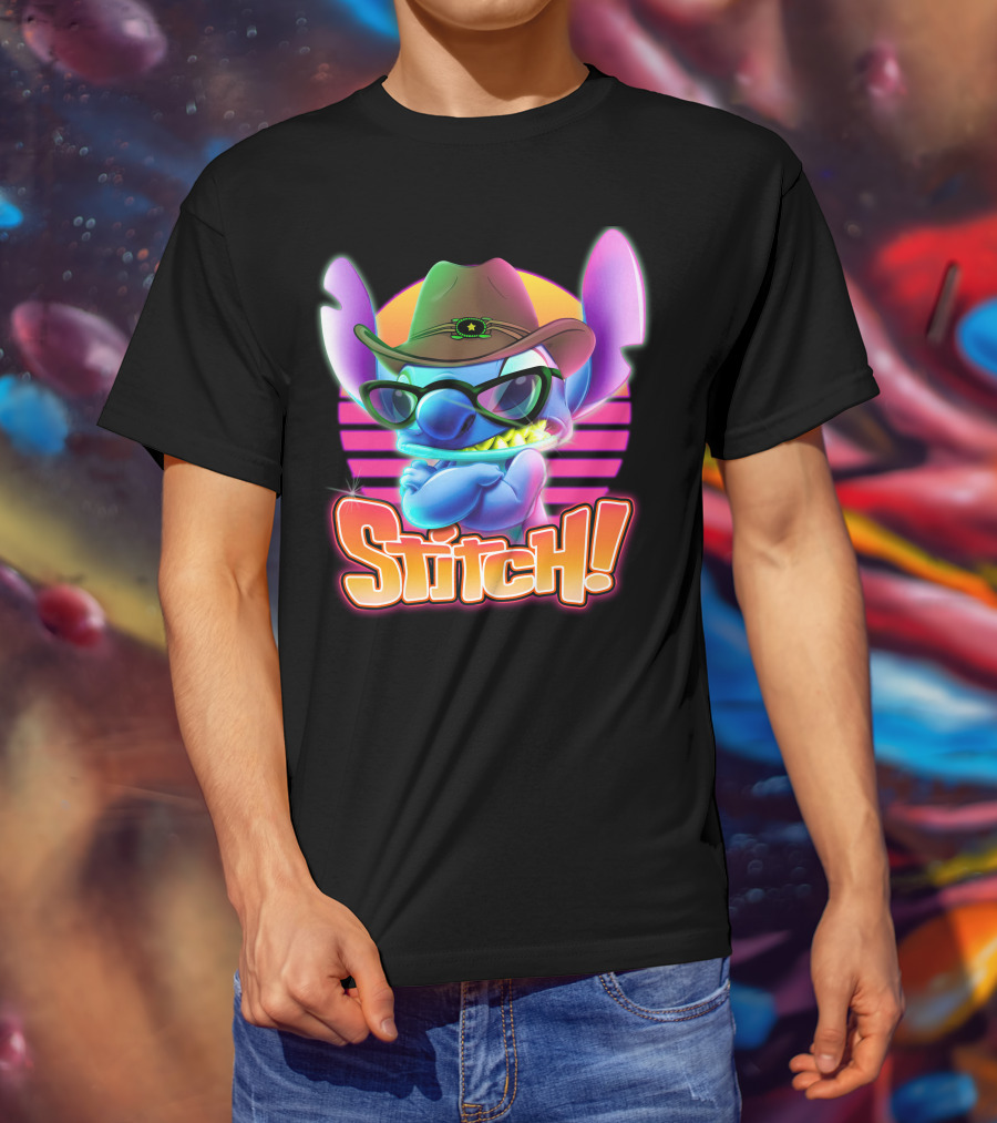 Stitch Neon Retro Cowboy Style With Sunglasses T-Shirt
