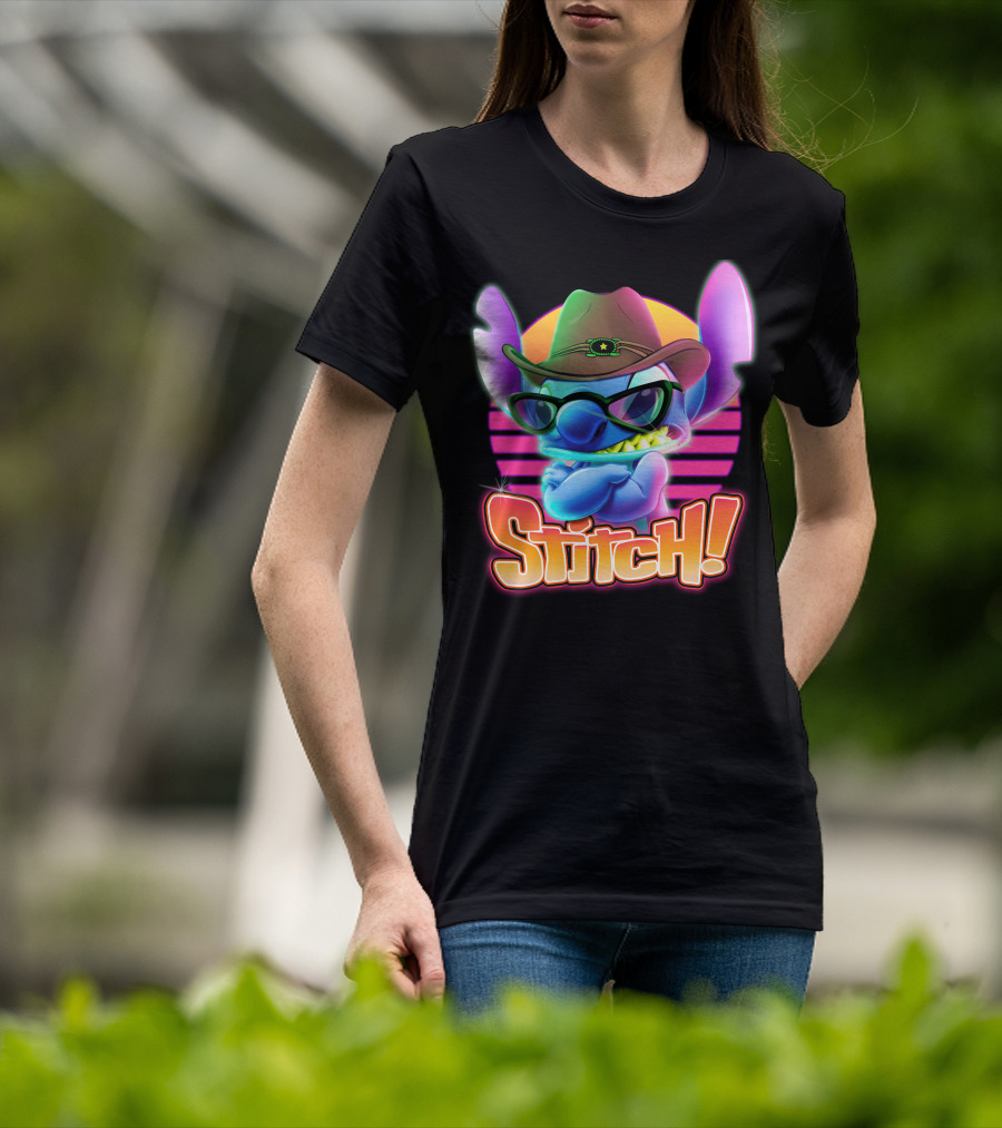 Stitch Neon Retro Cowboy Style With Sunglasses T-Shirt