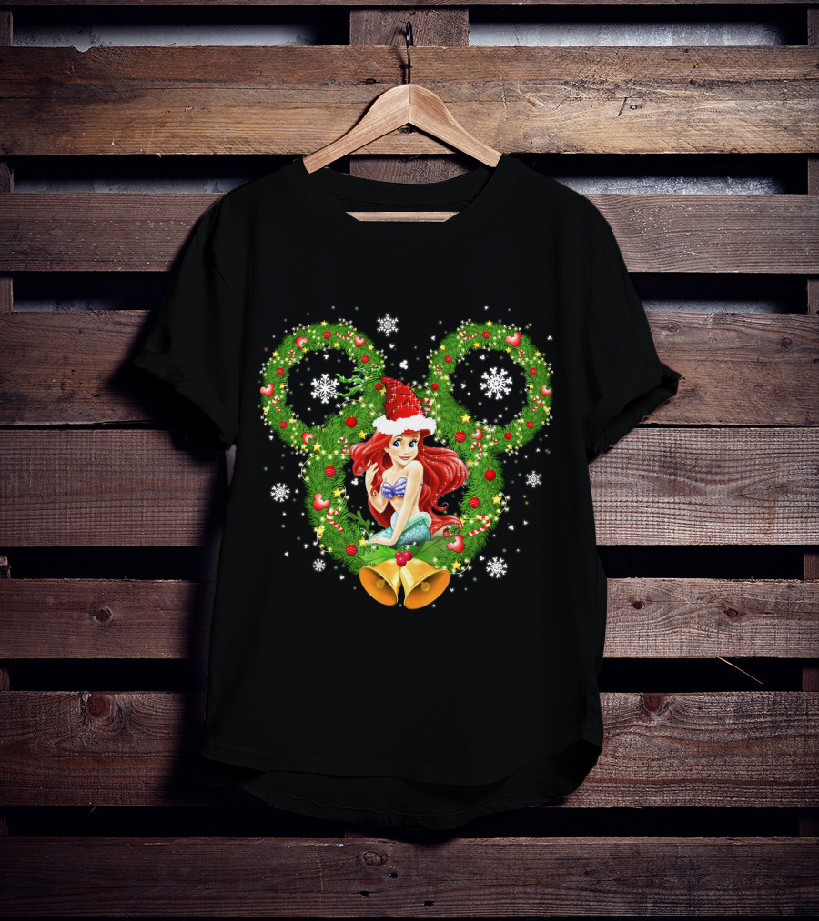 Ariel Christmas Holiday Wreath With Mickey Ears And Festive Bells T-Shirt