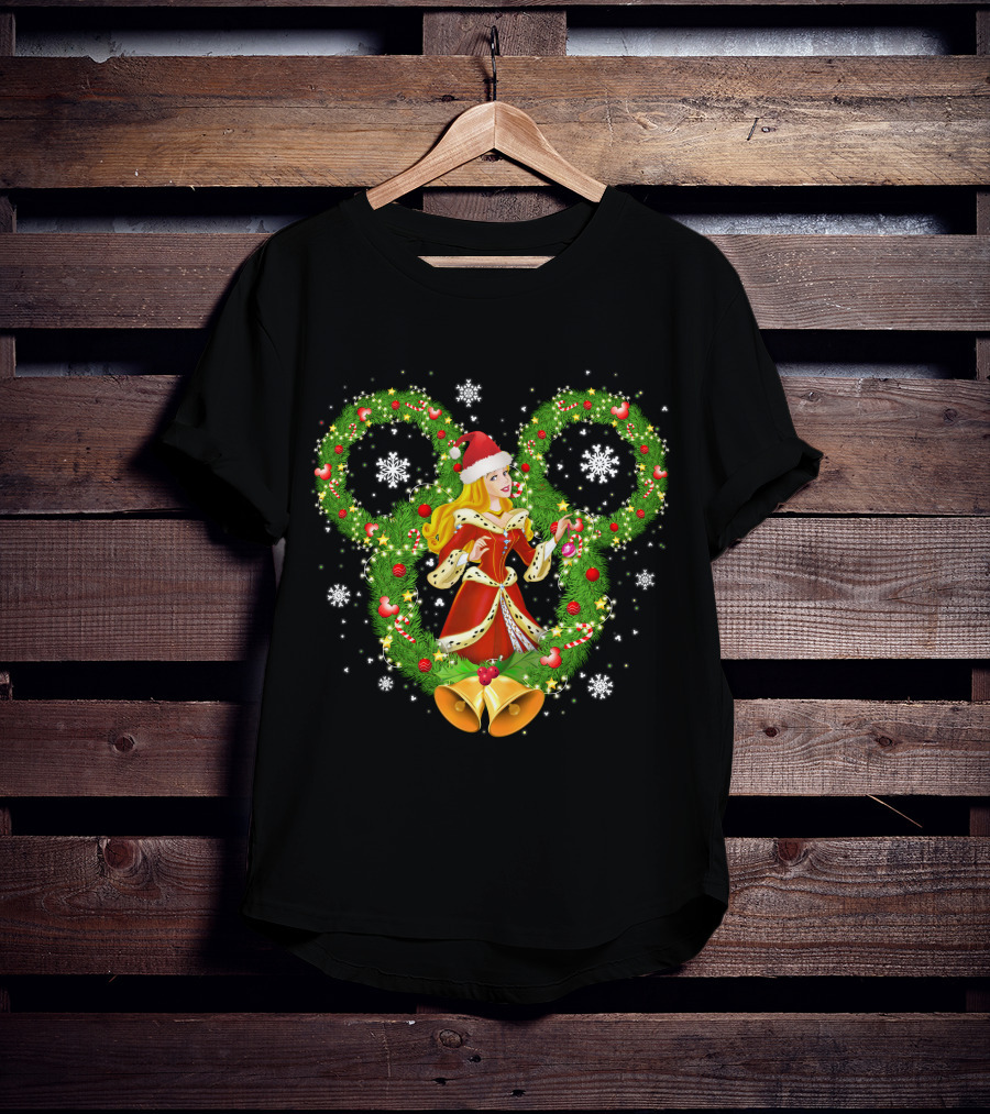Aurora Christmas Wreath With Santa Hat And Bells Mickey Icon Snowflakes T-Shirt