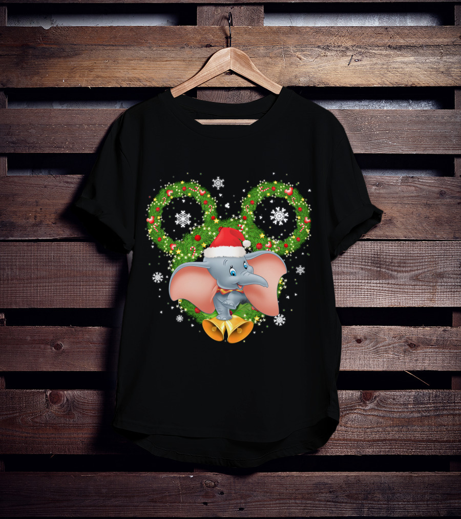 Dumbo Christmas Santa Hat Holiday Wreath Snowflakes T-Shirt