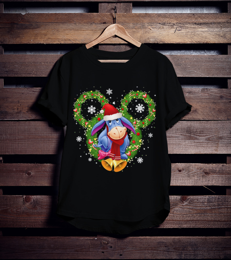 Eeyore Christmas Mickey Ears Wreath Snowflakes Santa Hat T-Shirt