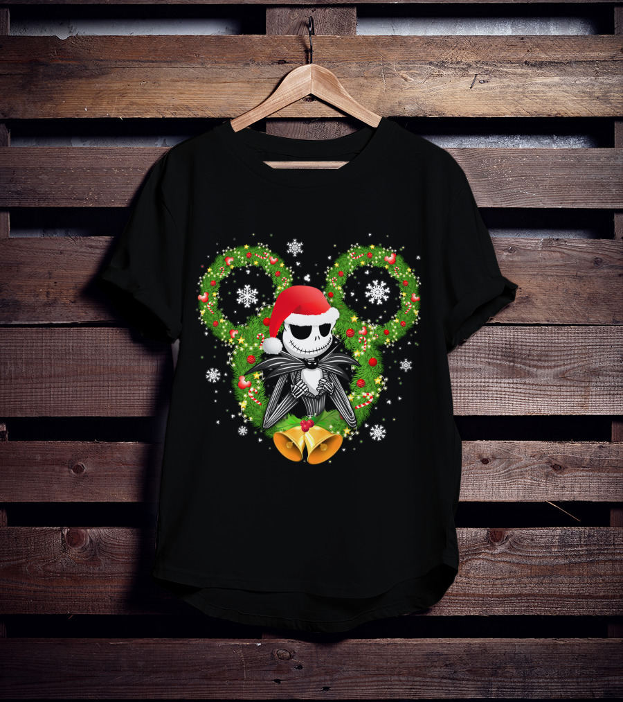 Jack Skellington Santa Hat Christmas Wreath Mickey Ears T-Shirt