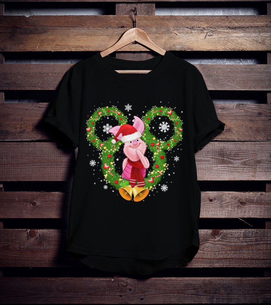 Piglet Christmas Wreath Mickey Mouse Ears Snowflakes Santa Hat T-Shirt