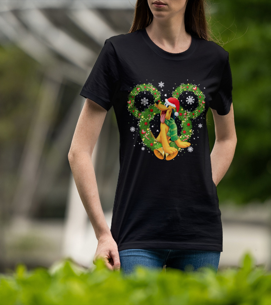 Pluto Christmas Wreath Snowflakes Santa Hat Holiday Disney T-Shirt