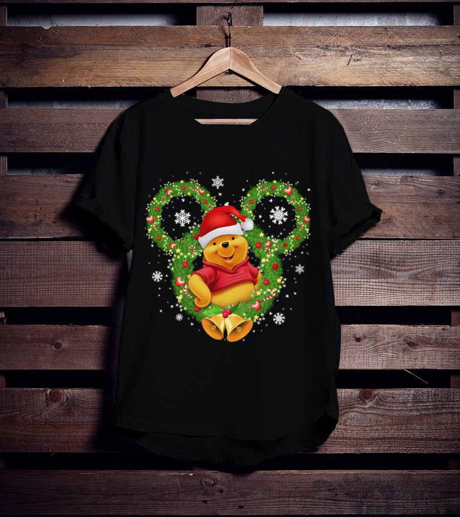Winnie The Pooh Christmas Mickey Wreath Santa Hat Snowflakes T-Shirt