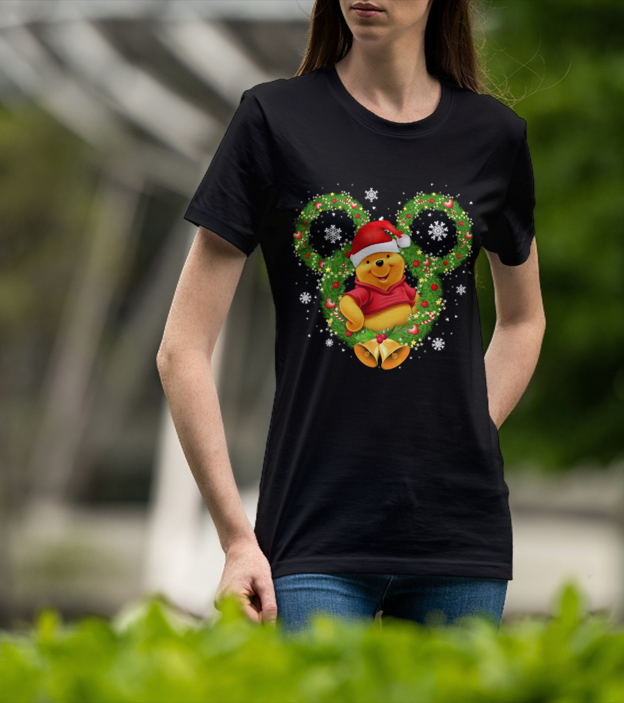 Winnie The Pooh Christmas Mickey Wreath Santa Hat Snowflakes T-Shirt