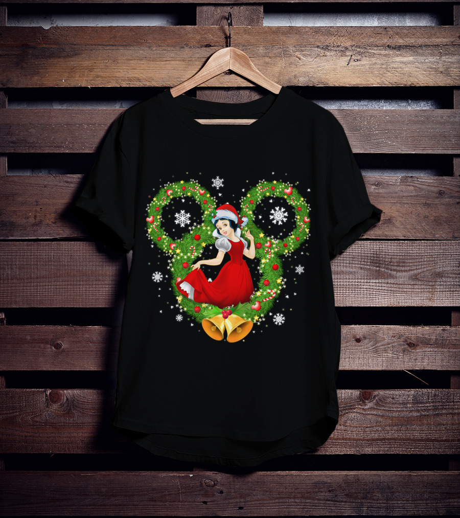 Snow White Christmas Wreath With Mickey Ears And Holiday Bells T-Shirt