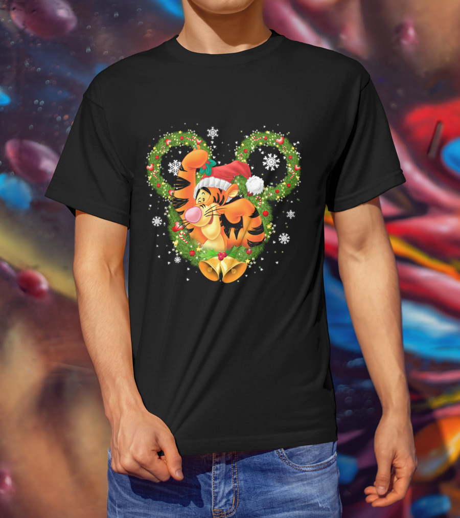 Tigger Christmas Mickey Ears Snowflakes Santa Hat Wreath T-Shirt