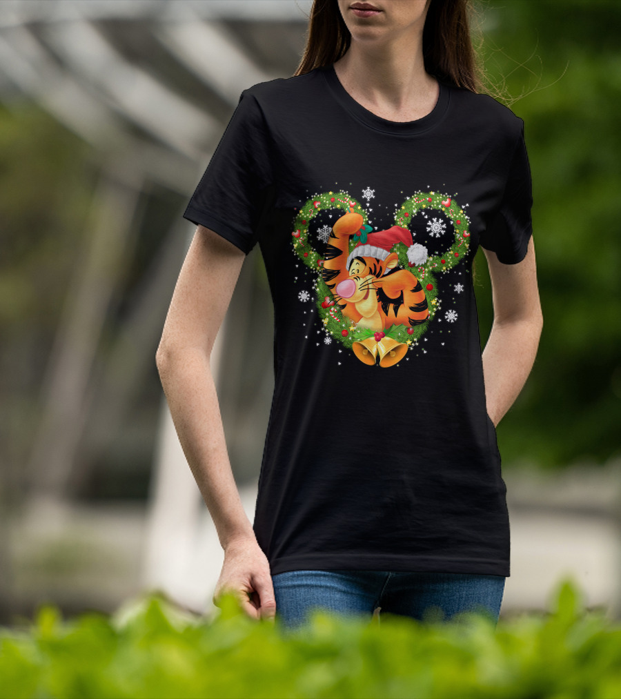 Tigger Christmas Mickey Ears Snowflakes Santa Hat Wreath T-Shirt