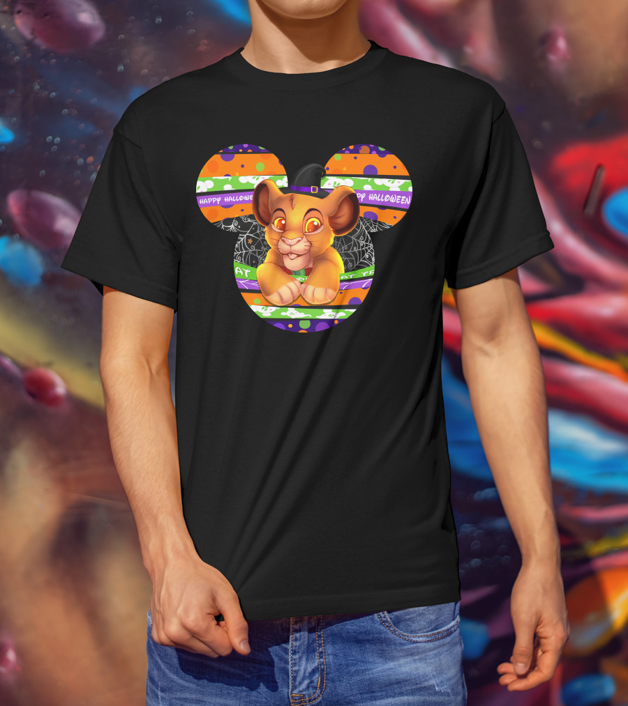 Simba Happy Halloween Mickey Mouse Ears Black Hat Spider Web Stripes T-Shirt