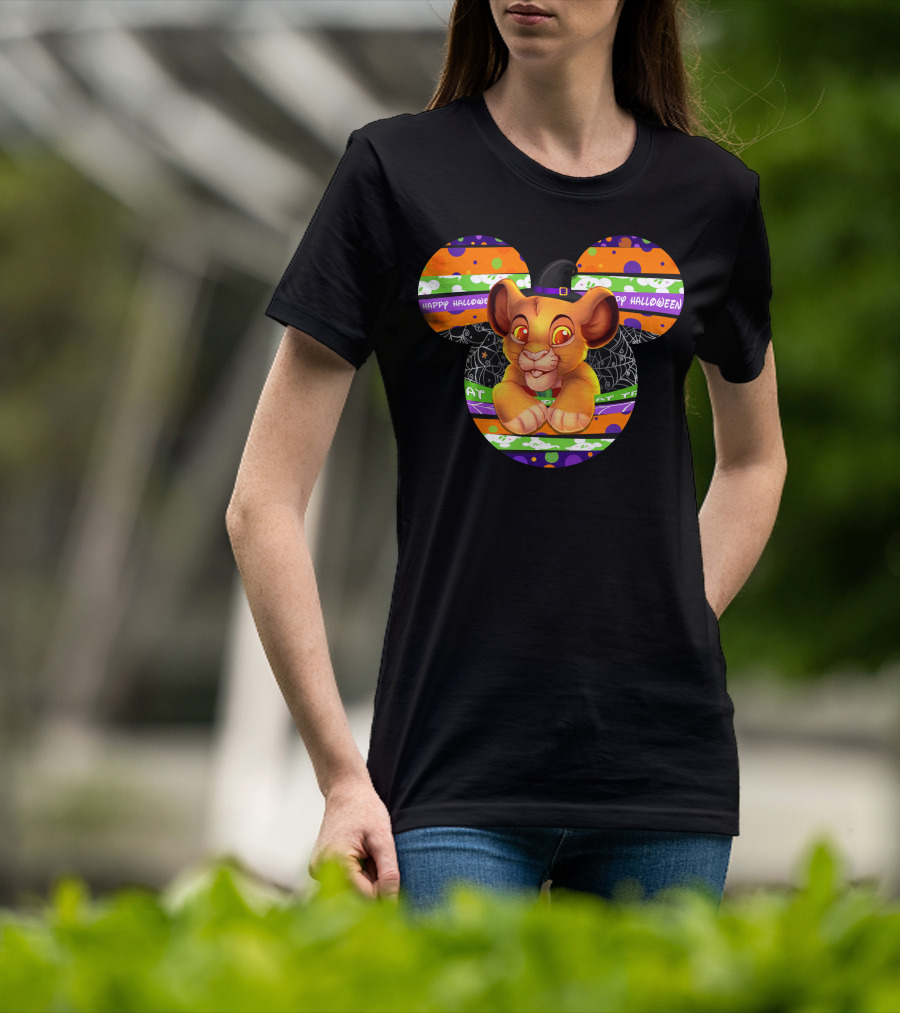 Simba Happy Halloween Mickey Mouse Ears Black Hat Spider Web Stripes T-Shirt