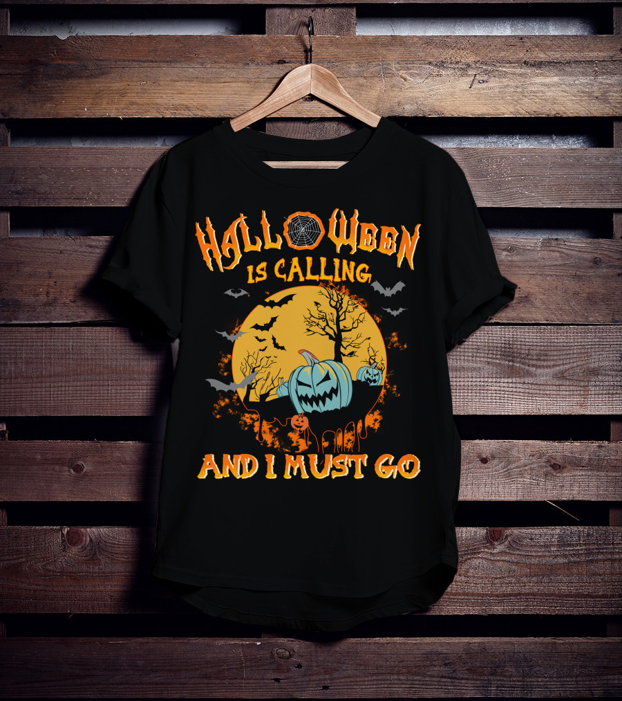 Halloween Is Calling And I Must Go Spooky Moon And Pumpkins Scene T-Shirt
