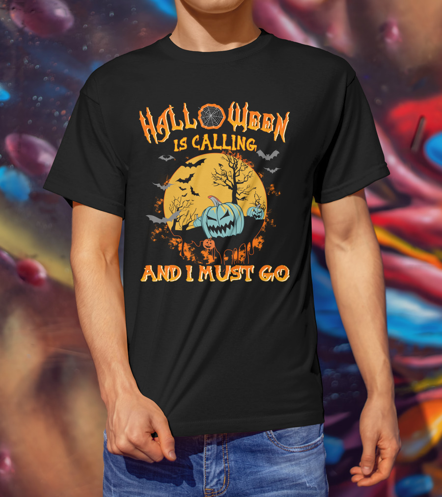 Halloween Is Calling And I Must Go Spooky Moon And Pumpkins Scene T-Shirt