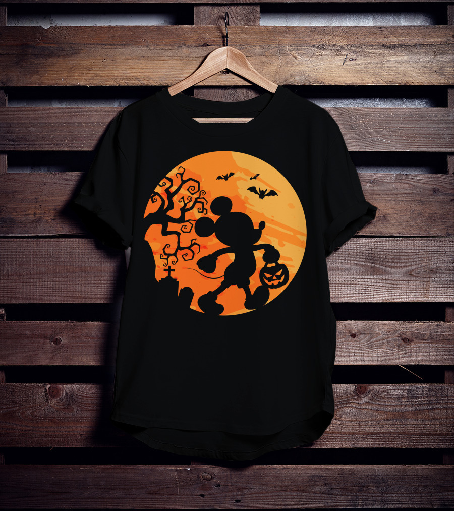 Halloween 54 Mickey Mouse Silhouette With Pumpkin And Bats T-Shirt
