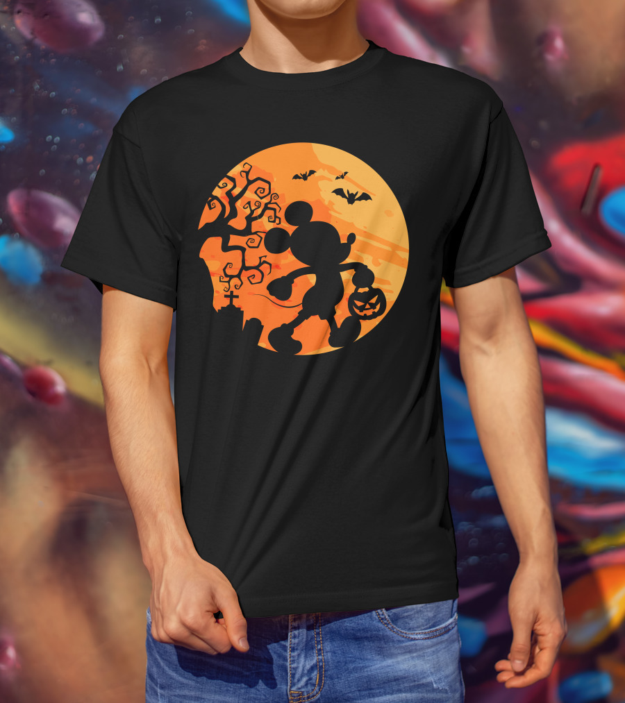 Halloween 54 Mickey Mouse Silhouette With Pumpkin And Bats T-Shirt