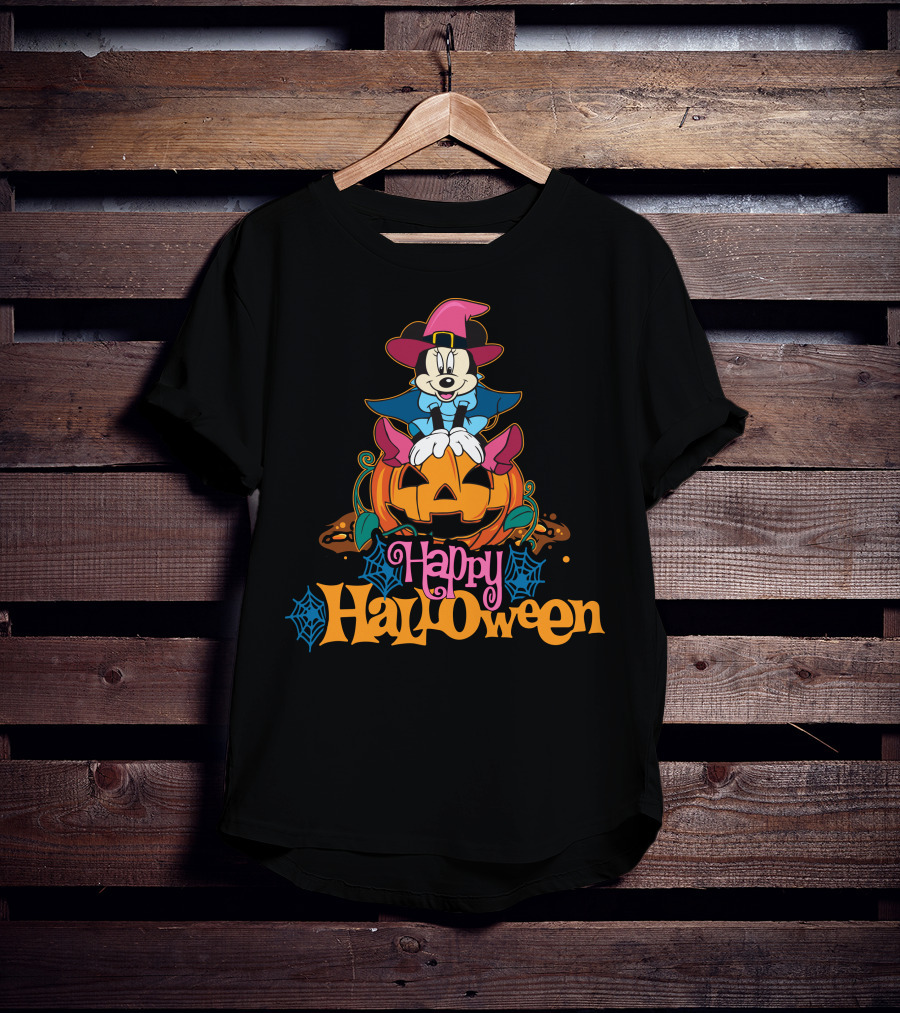 Happy Halloween 63 Mickey Mouse On Jack-O'-Lantern With Witch Hat And Spider Webs T-Shirt