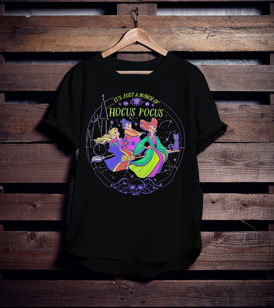 Hocus Pocus It's Just A Bunch Of Witches Flying With Magical Symbols And Black Cat T-Shirt