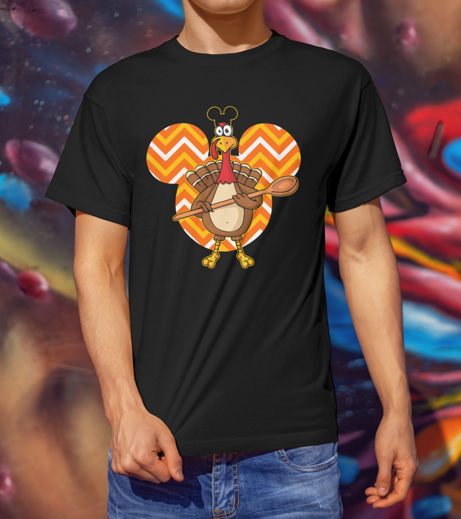 Thanksgiving Turkey With Spoon And Mickey Ears On Chevron T-Shirt