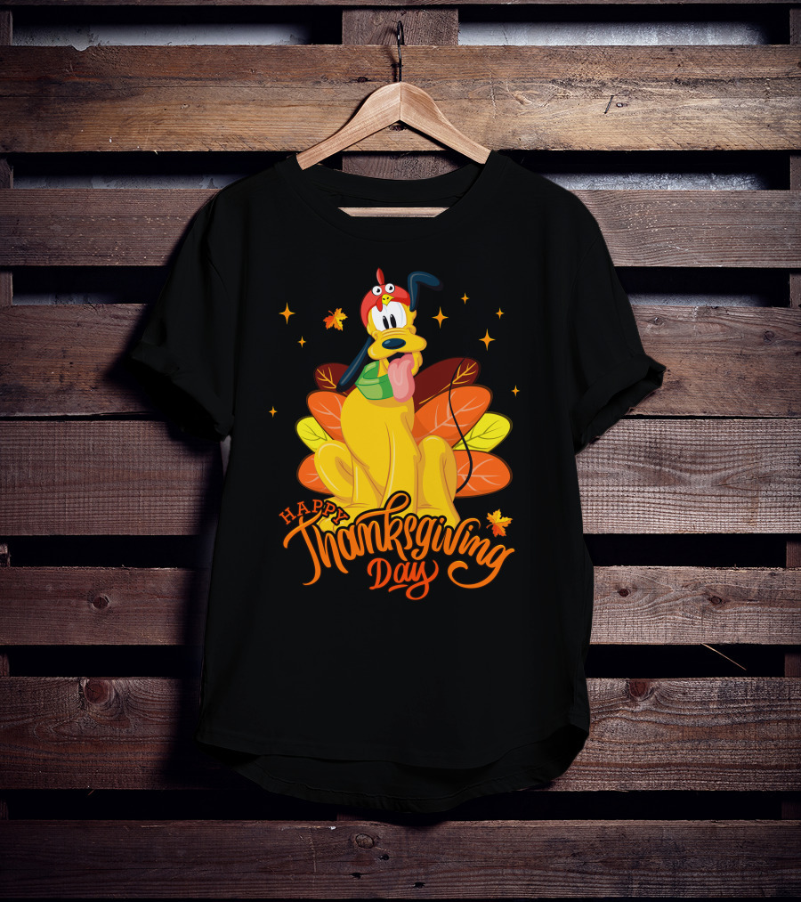 Happy Thanksgiving Day Pluto Turkey Costume Autumn Leaves Stars T-Shirt