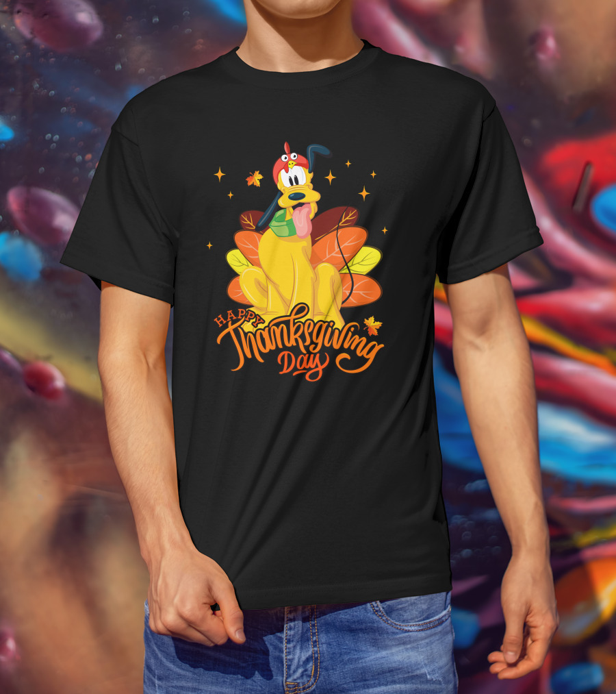 Happy Thanksgiving Day Pluto Turkey Costume Autumn Leaves Stars T-Shirt
