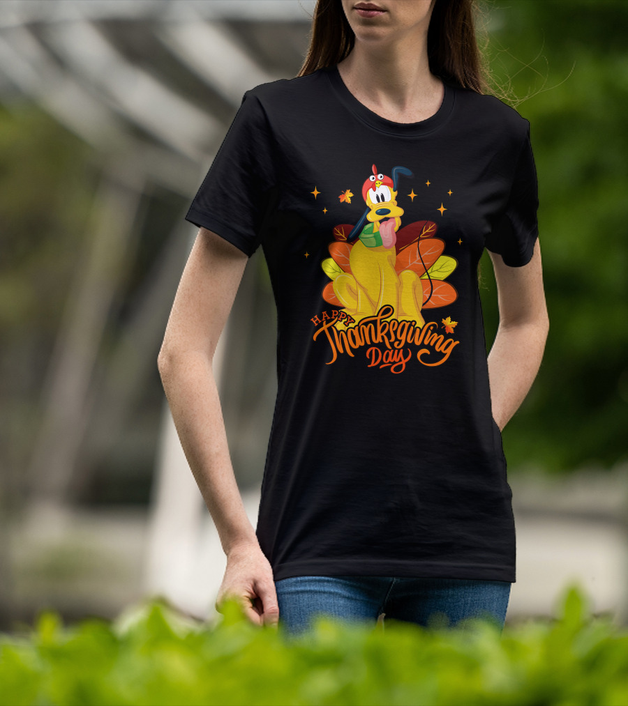 Happy Thanksgiving Day Pluto Turkey Costume Autumn Leaves Stars T-Shirt