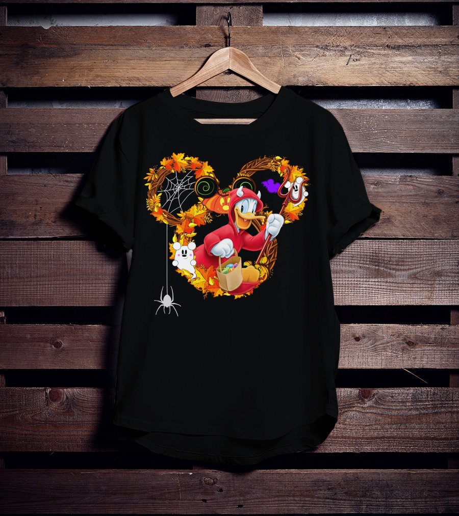 Donald Halloween Devil Costume With Mickey Pumpkin And Autumn Leaves T-Shirt