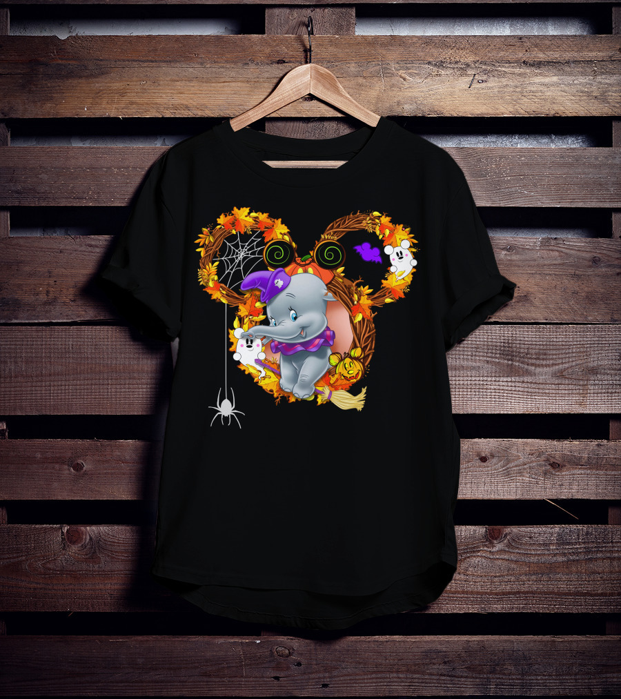Dumbo Halloween Mickey Ears Fall Leaves Wreath With Ghosts And Spider Web T-Shirt