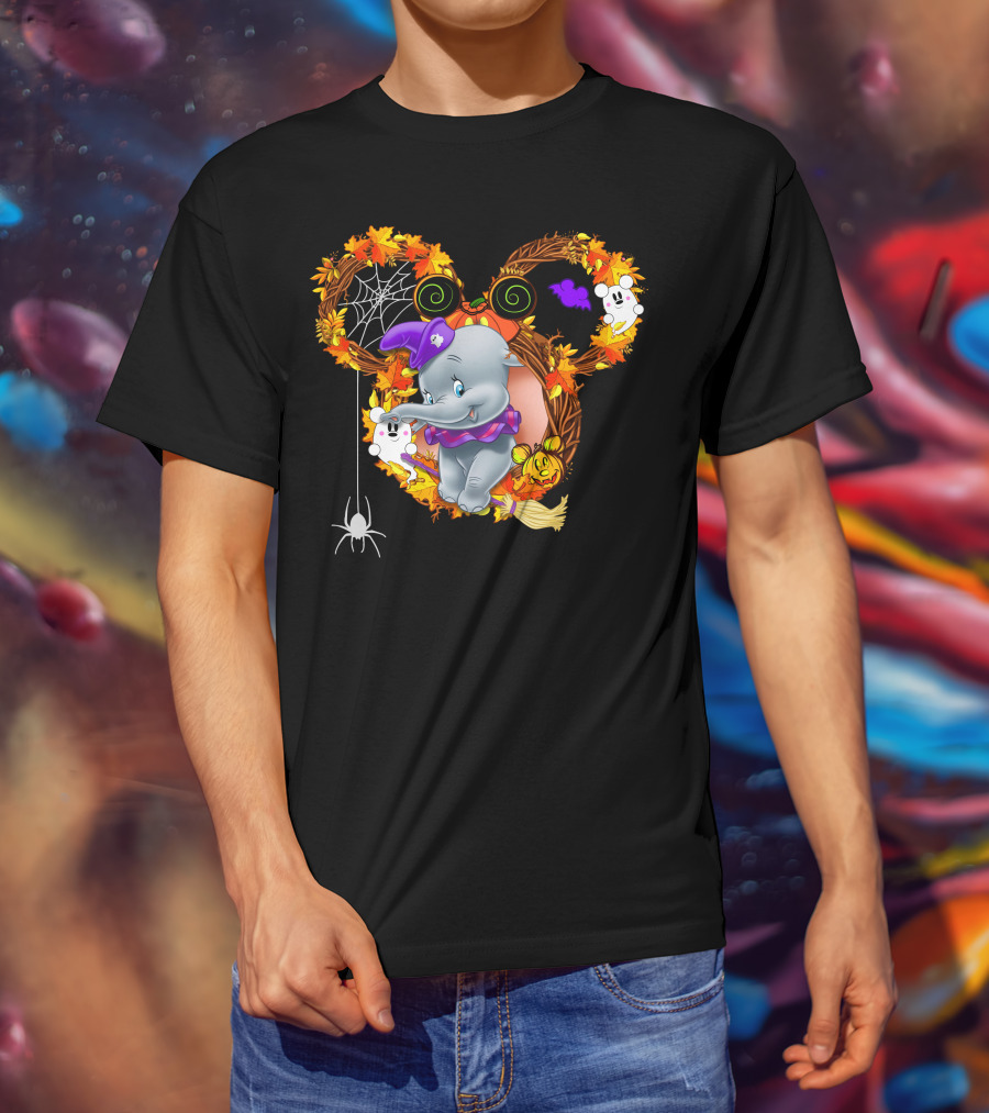 Dumbo Halloween Mickey Ears Fall Leaves Wreath With Ghosts And Spider Web T-Shirt