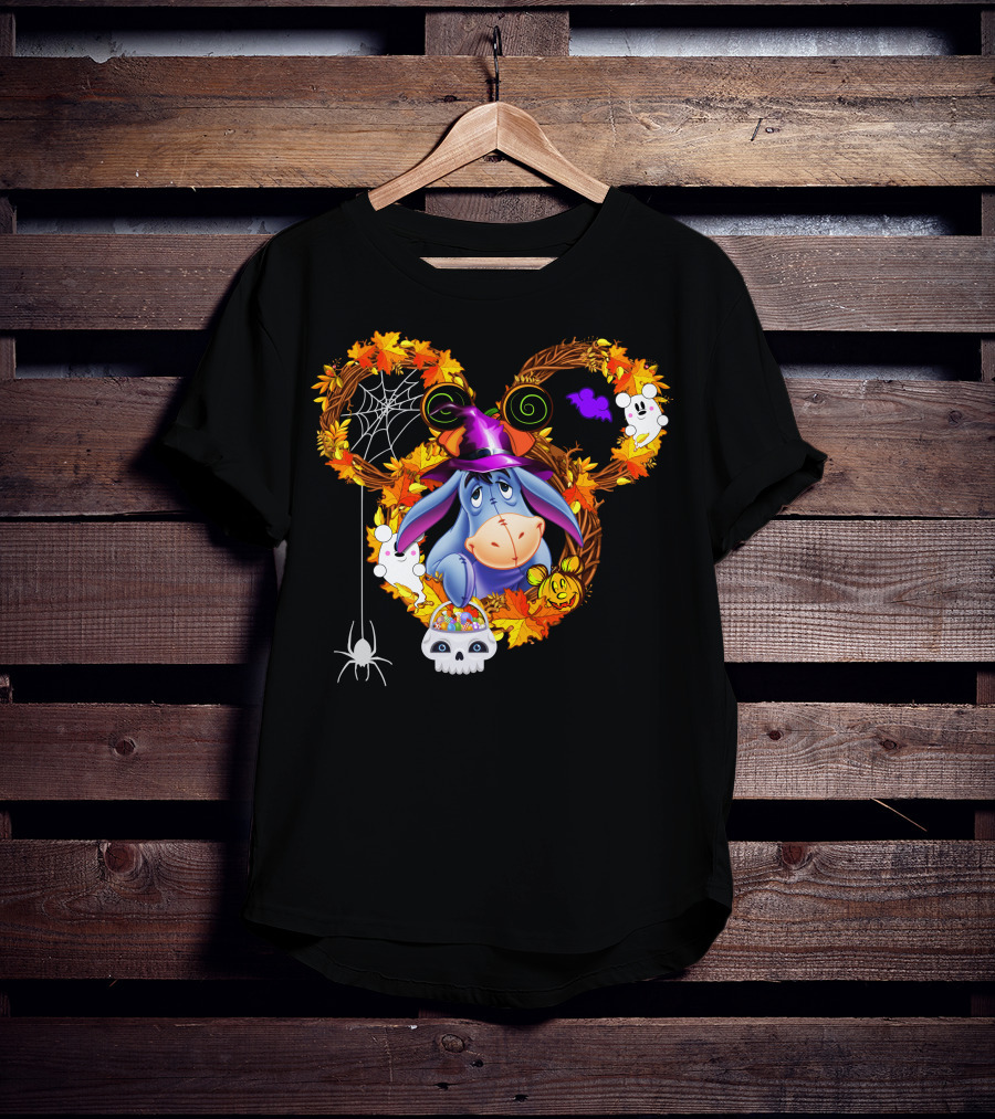 Eeyore Halloween Wreath With Witch Hat And Candy Skulls T-Shirt