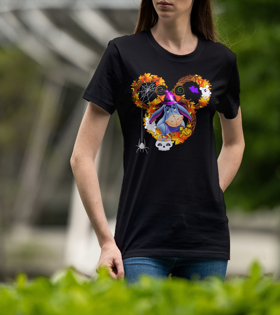 Eeyore Halloween Wreath With Witch Hat And Candy Skulls T-Shirt