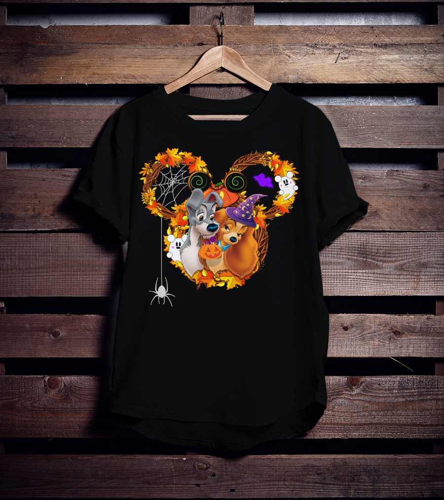 Lady And The Tramp Halloween Wreath With Pumpkins And Ghosts T-Shirt