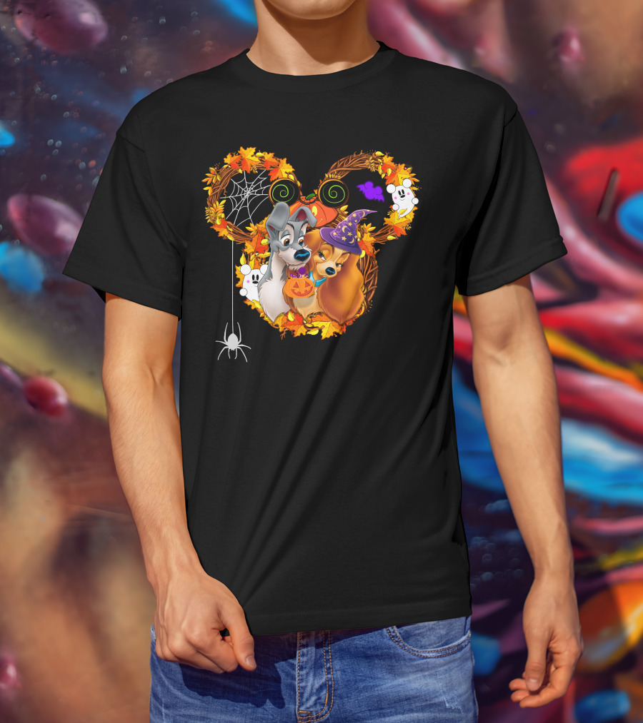 Lady And The Tramp Halloween Wreath With Pumpkins And Ghosts T-Shirt