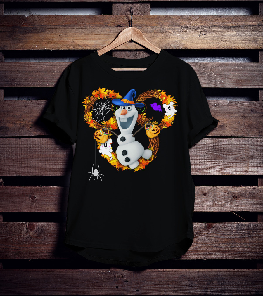 Olaf Halloween Witch Hat Pumpkin Candy Ghosts Spider Web Fall Leaves T-Shirt