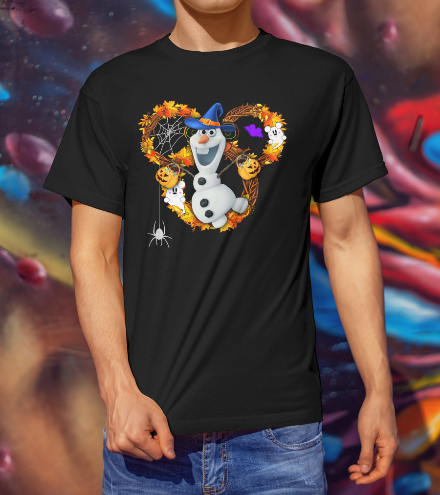 Olaf Halloween Witch Hat Pumpkin Candy Ghosts Spider Web Fall Leaves T-Shirt