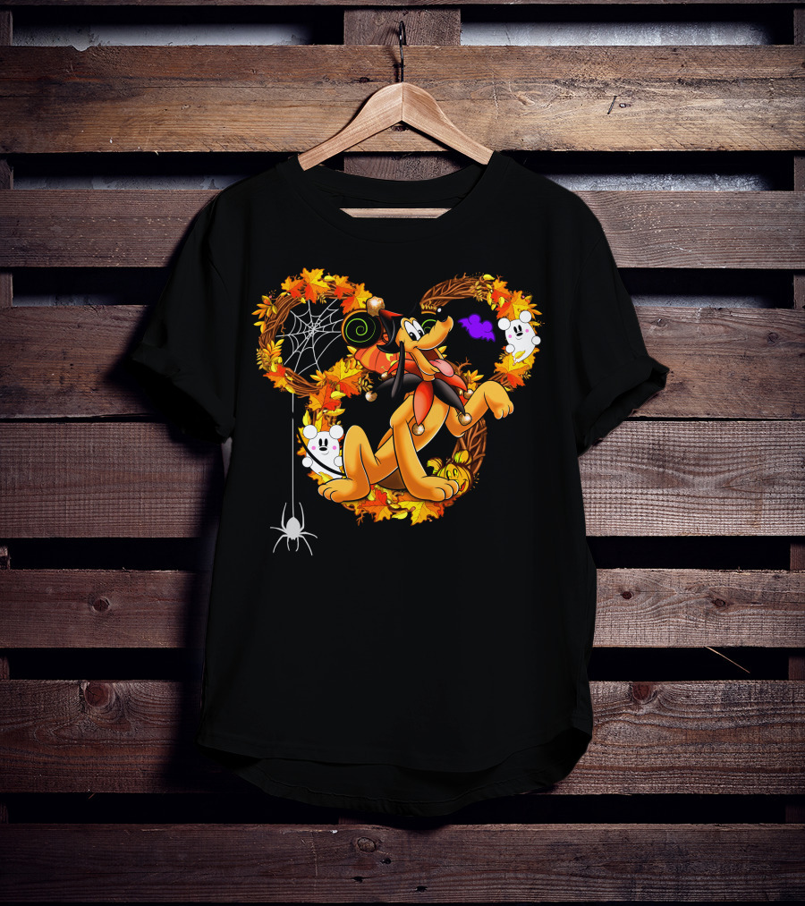 Pluto Halloween Autumn Wreath With Ghosts And Spiderweb T-Shirt