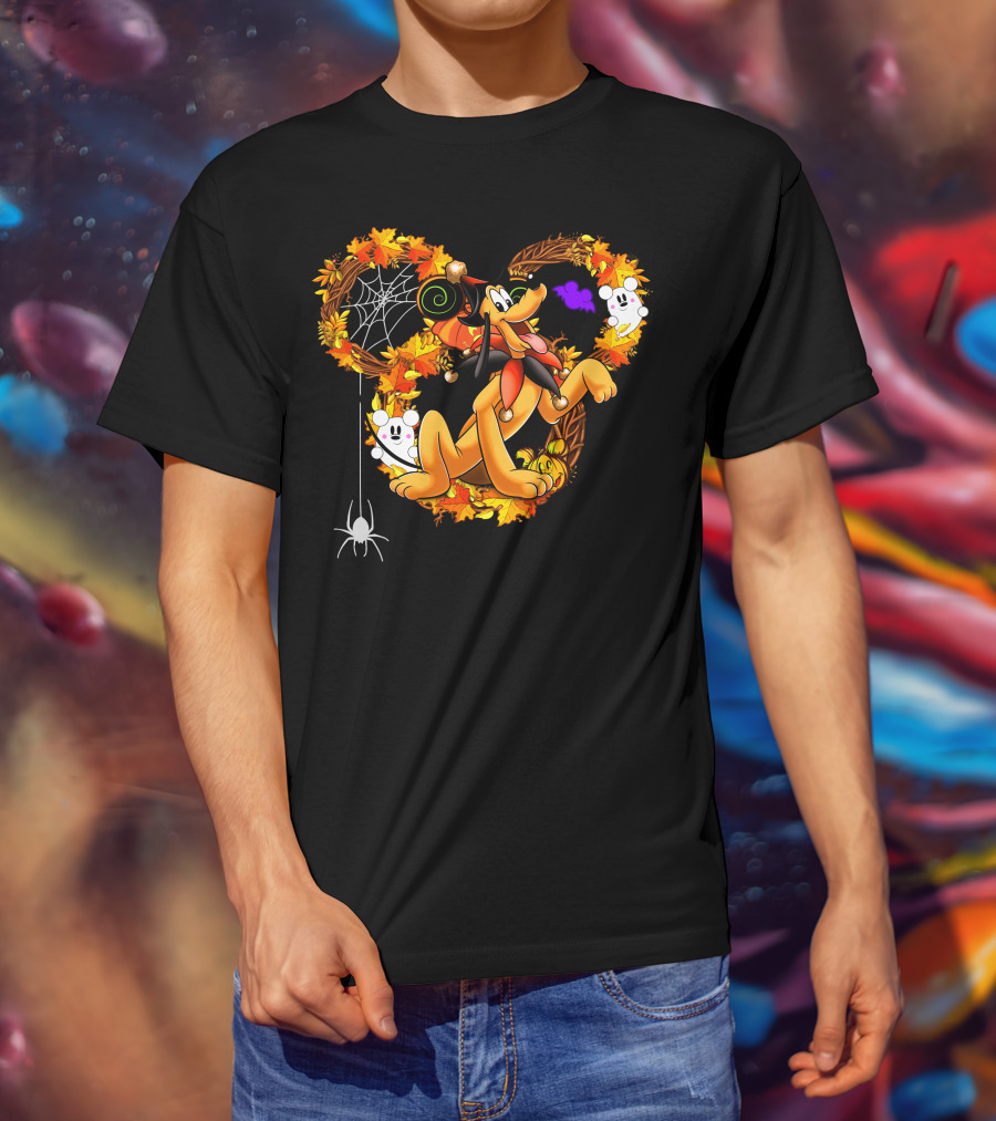 Pluto Halloween Autumn Wreath With Ghosts And Spiderweb T-Shirt