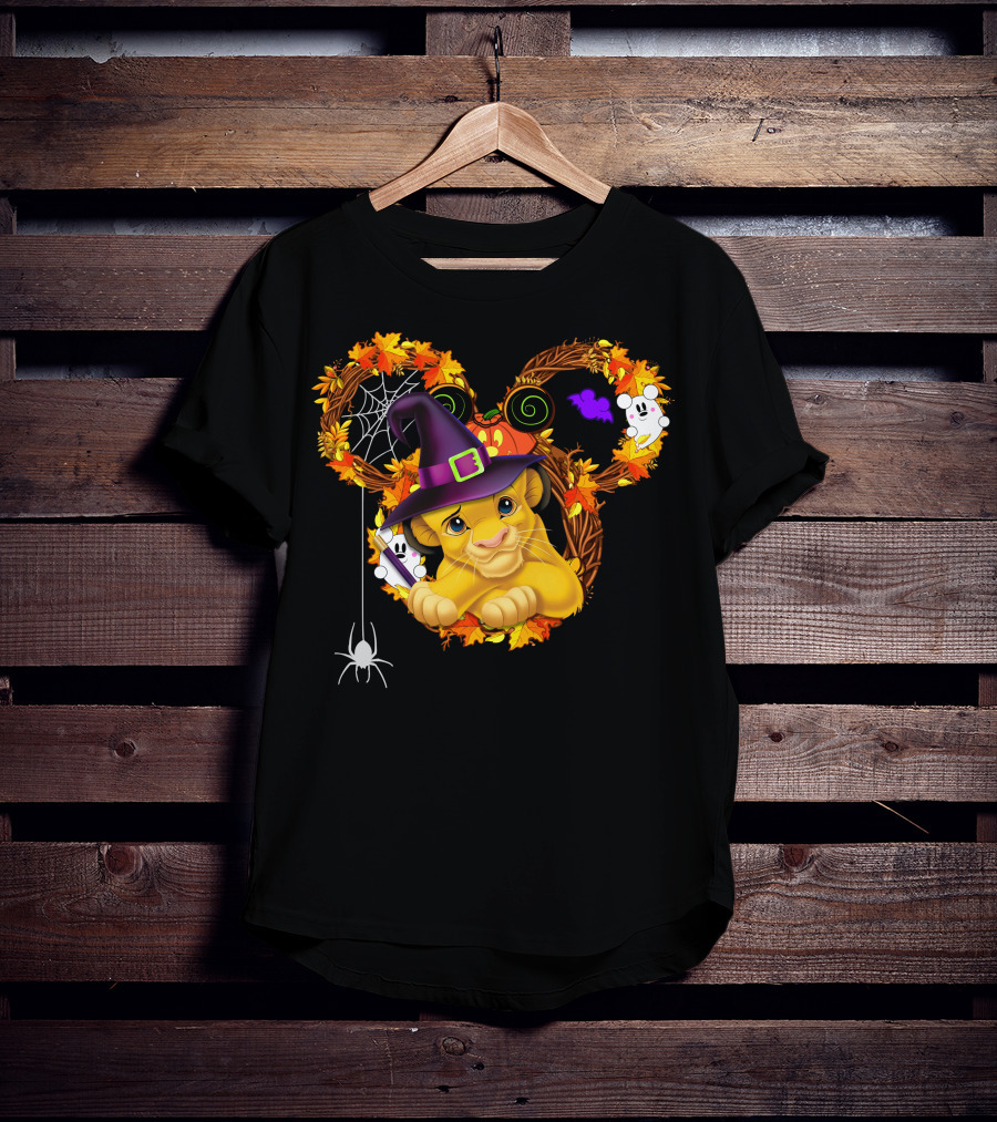 Simba Halloween Wreath With Witch Hat And Autumn Leaves T-Shirt