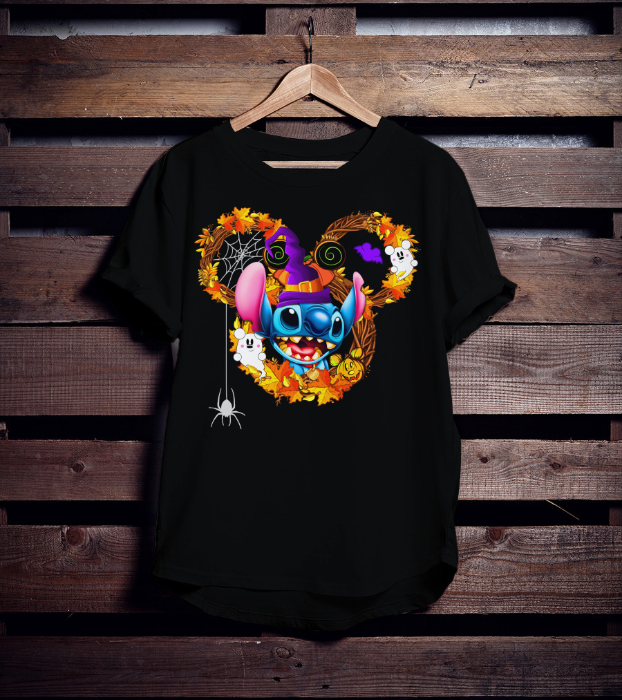 Stitch Halloween Mickey Mouse Ears With Spooky Autumn Leaves And Spider Web T-Shirt