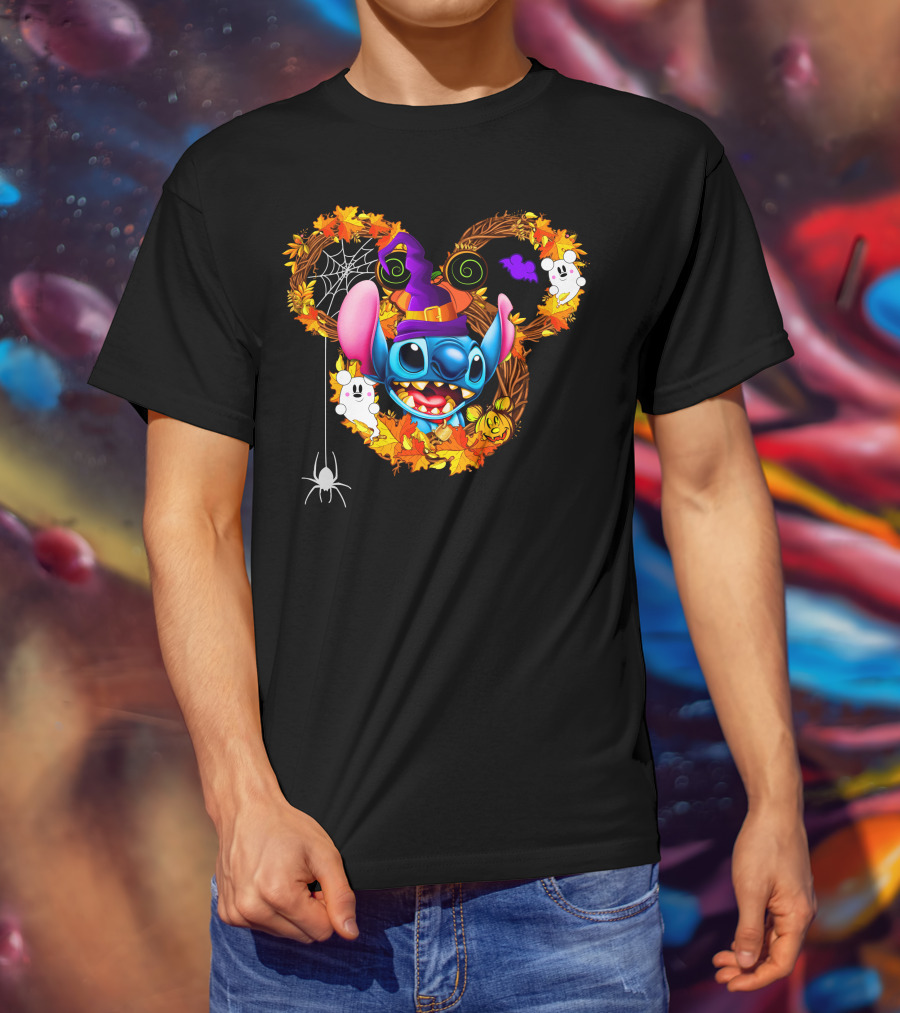 Stitch Halloween Mickey Mouse Ears With Spooky Autumn Leaves And Spider Web T-Shirt