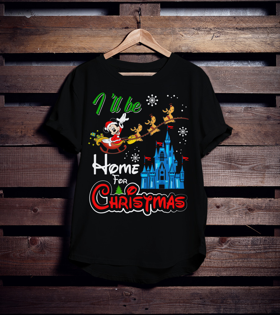 I'll Be Home For Christmas Mickey Mouse Santa Sleigh Castle Reindeer Snowflakes T-Shirt