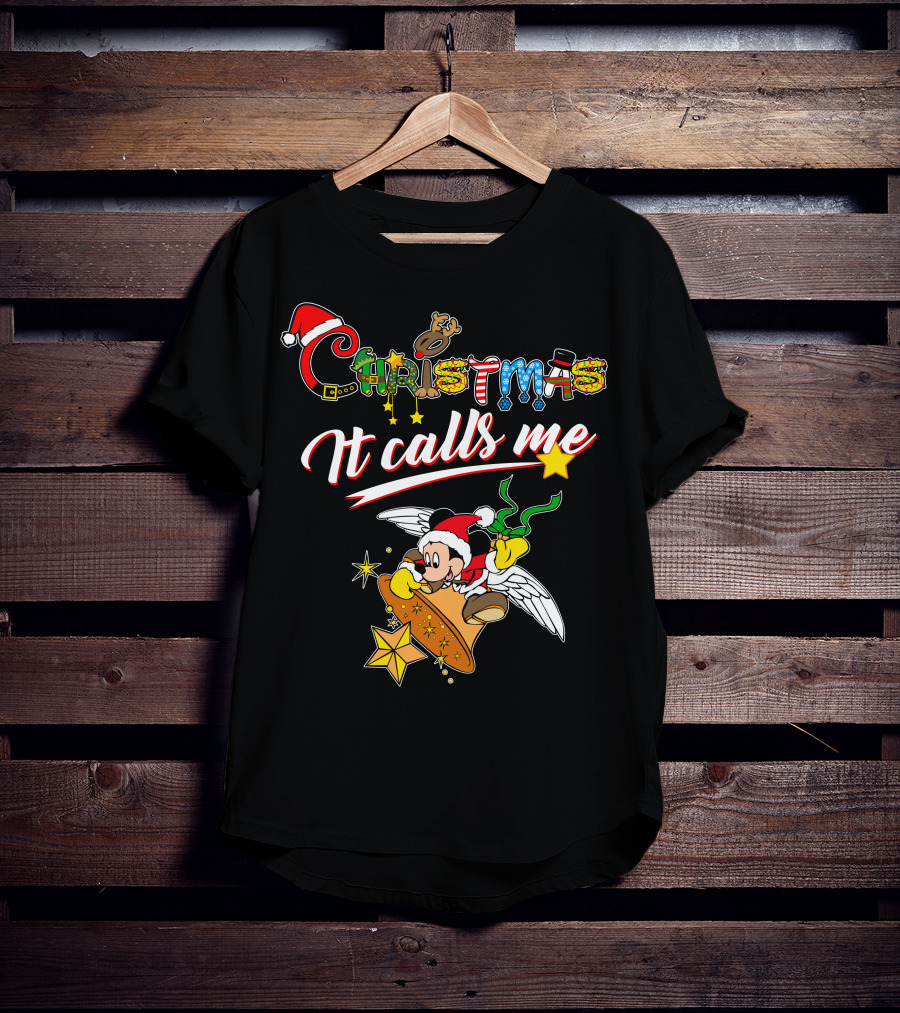Christmas It Calls Me Mickey Santa Hat Winged Bell T-Shirt