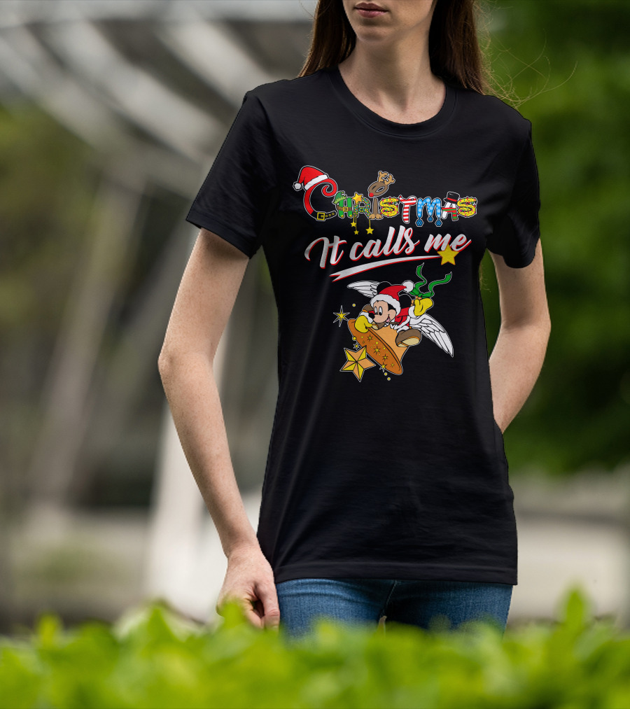 Christmas It Calls Me Mickey Santa Hat Winged Bell T-Shirt