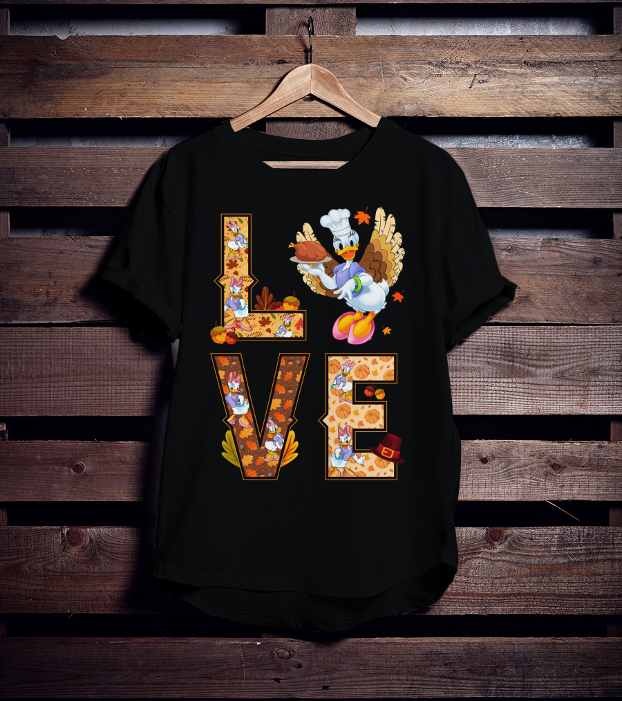 Thanksgiving Daisy Duck Love Fall Leaves Pumpkins Turkey Chef Hat T-Shirt
