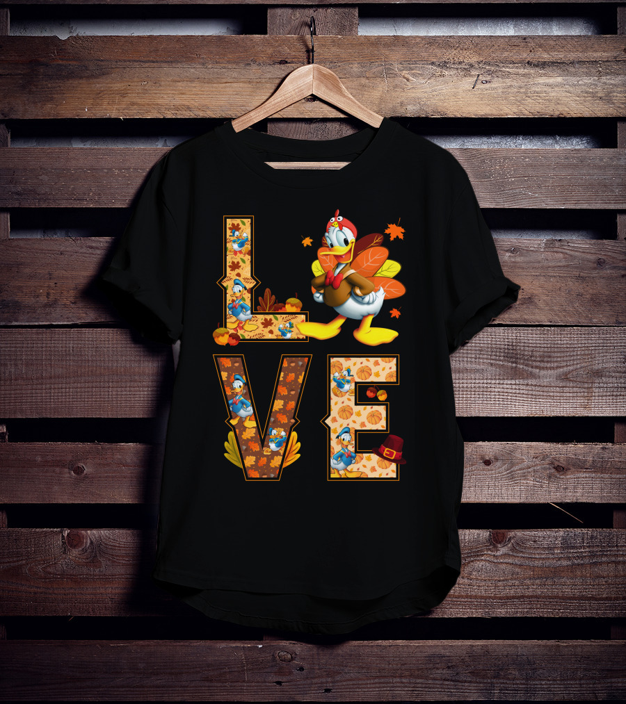 Love Thanksgiving Donald Duck Turkey Autumn Leaves Pumpkins T-Shirt