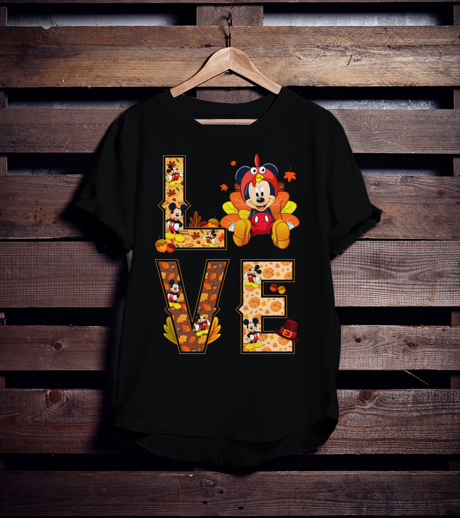 Mickey Love Thanksgiving Theme With Autumn Leaves And Pumpkins T-Shirt