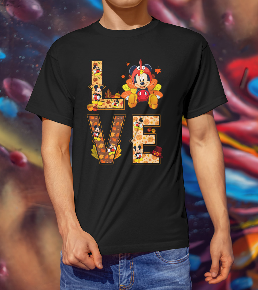 Mickey Love Thanksgiving Theme With Autumn Leaves And Pumpkins T-Shirt