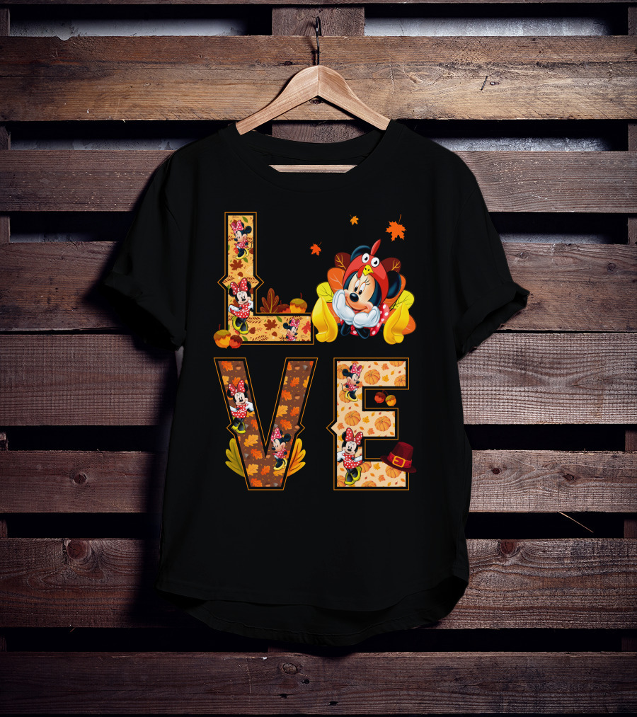 Autumn Love Minnie Mouse Fall Theme With Leaves And Pumpkins T-Shirt