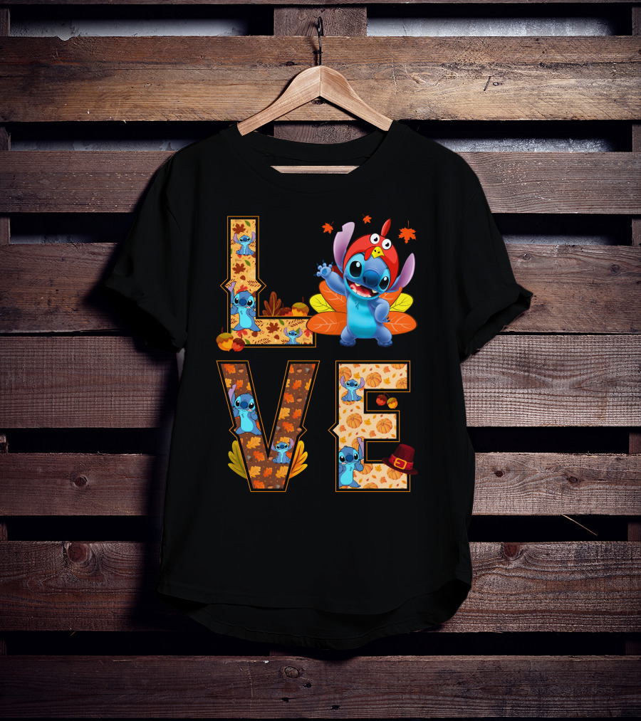 Love Stitch Thanksgiving Autumn Leaves Pumpkins Turkey Hat T-Shirt