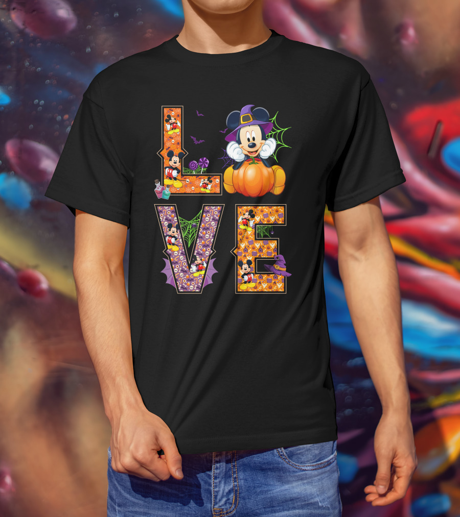 Mickey Love Halloween Pumpkin Witch Hat Spooky Theme T-Shirt